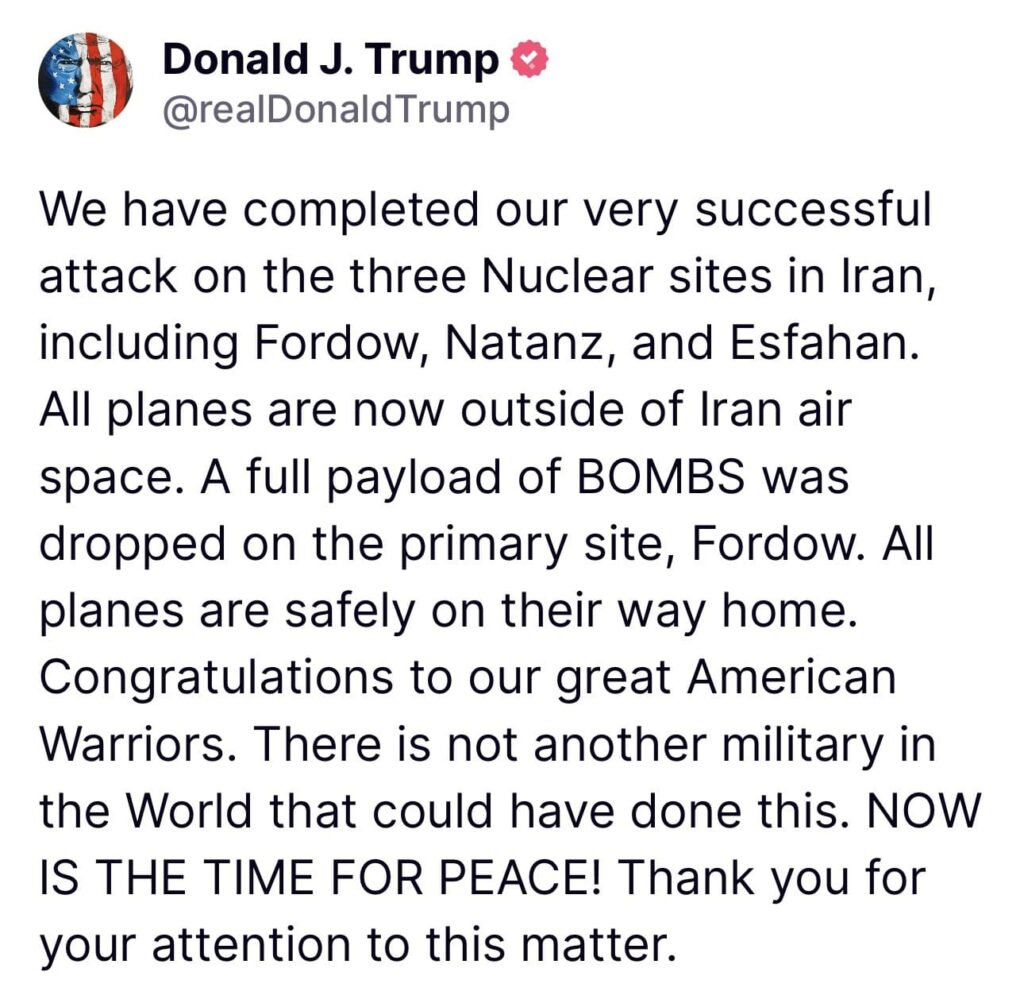 Trump posted on X after the completion of Air strikes on Iran