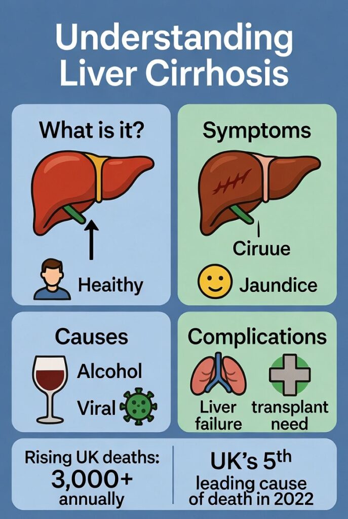 Liver Cirrhosis Overview (Visual: Side-by-side healthy vs. cirrhotic liver, with fibrosis/scarring labels and progression stages.