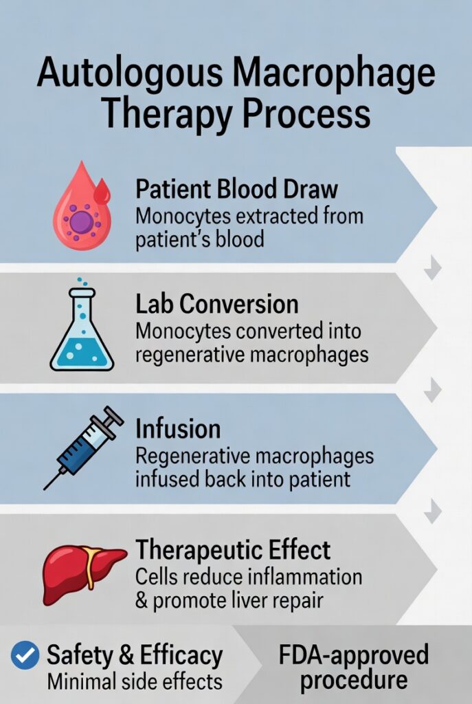How Macrophage Therapy Work (Visual: Step-by-step process from blood draw to infusion.